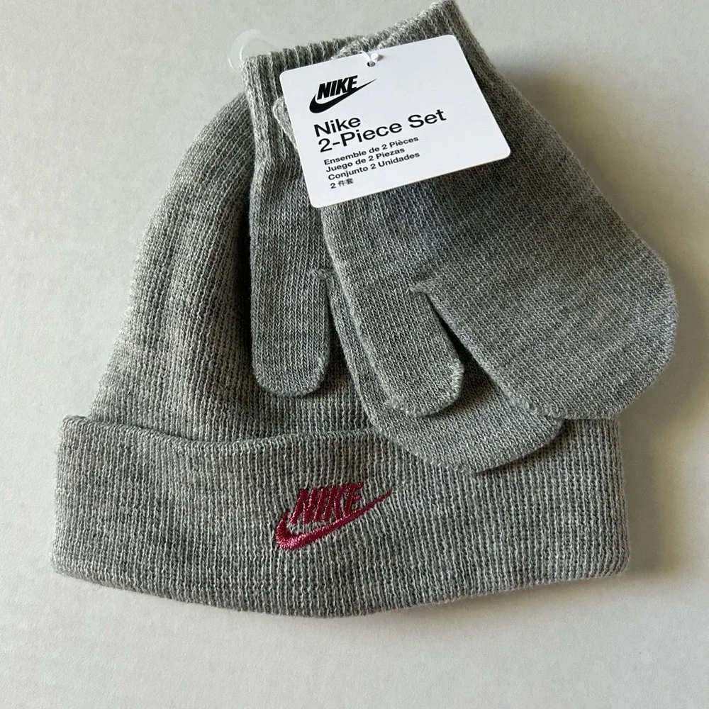 Nike Heather Gray Hot Pink Embroidered Fold Over Beanie and Mittens 2 Piece Set - Picture 3 of 14